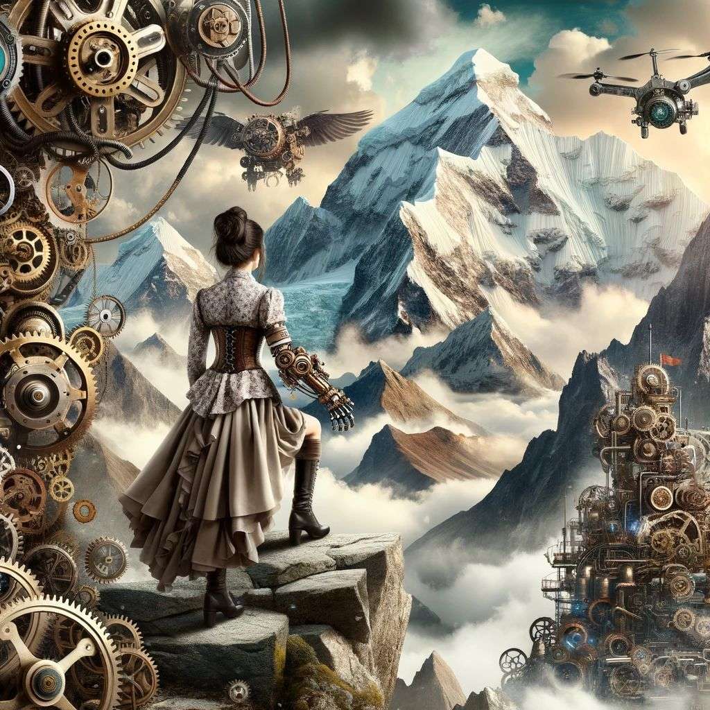 someone gazing at Mount Everest, digital art, steampunk